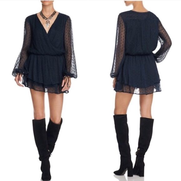 Free People Daliah Mini Blue Dress Long Sleeve Deep Blouse Size XS - Picture 4 of 11